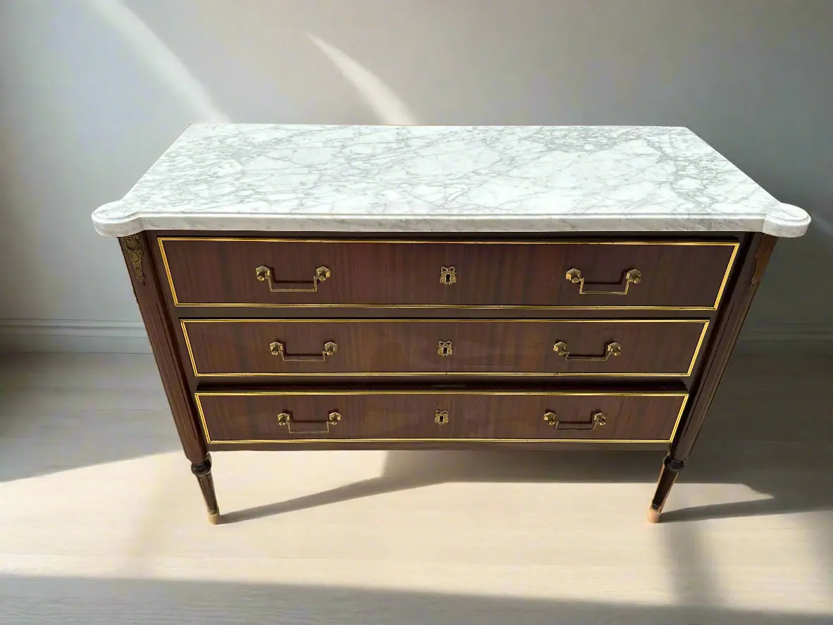 Louis Xvi White Marble Top Low 3 Drawer Chest With Bail Pulls 1