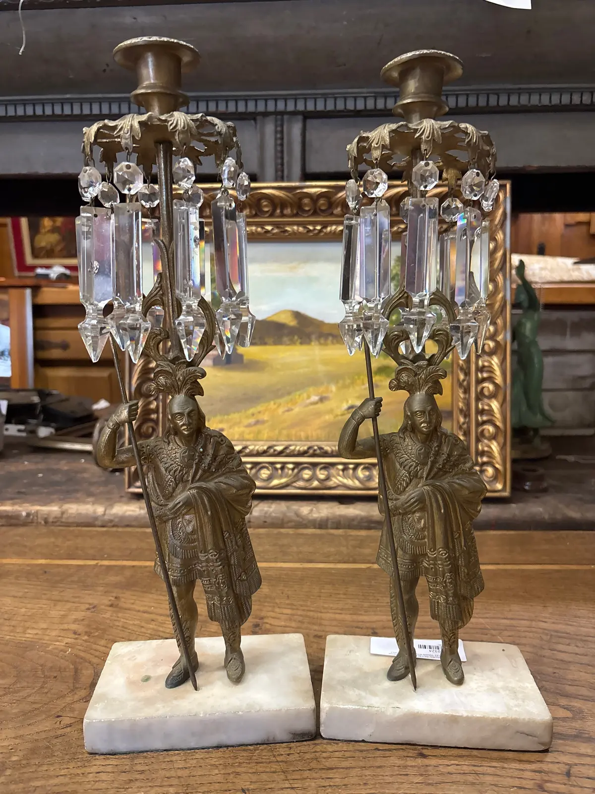 Pair Of Figural Gilt Glass Crystal Prism Girandoles 'Indian Warrior' On Marble Base 1