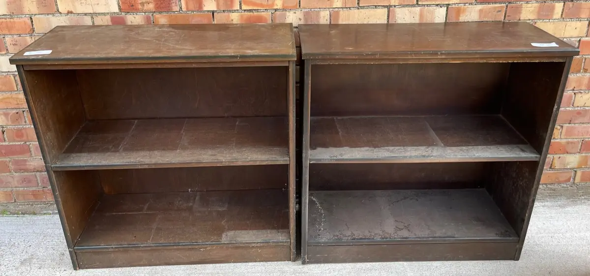 Sold Pair Of Vintage Low Oak Bookcases With Black Banding 1