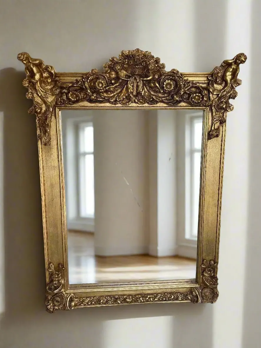 Putti Crowned Gilt Framed Beveled Glass Mirror 1
