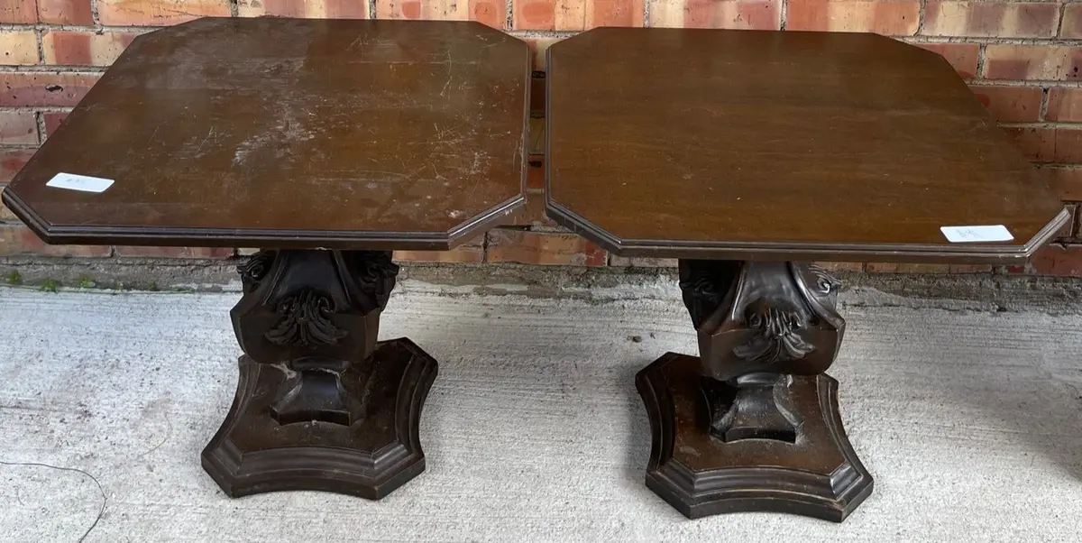 Pair Of Vintage Carved Walnut Pedestal Low Tables 1