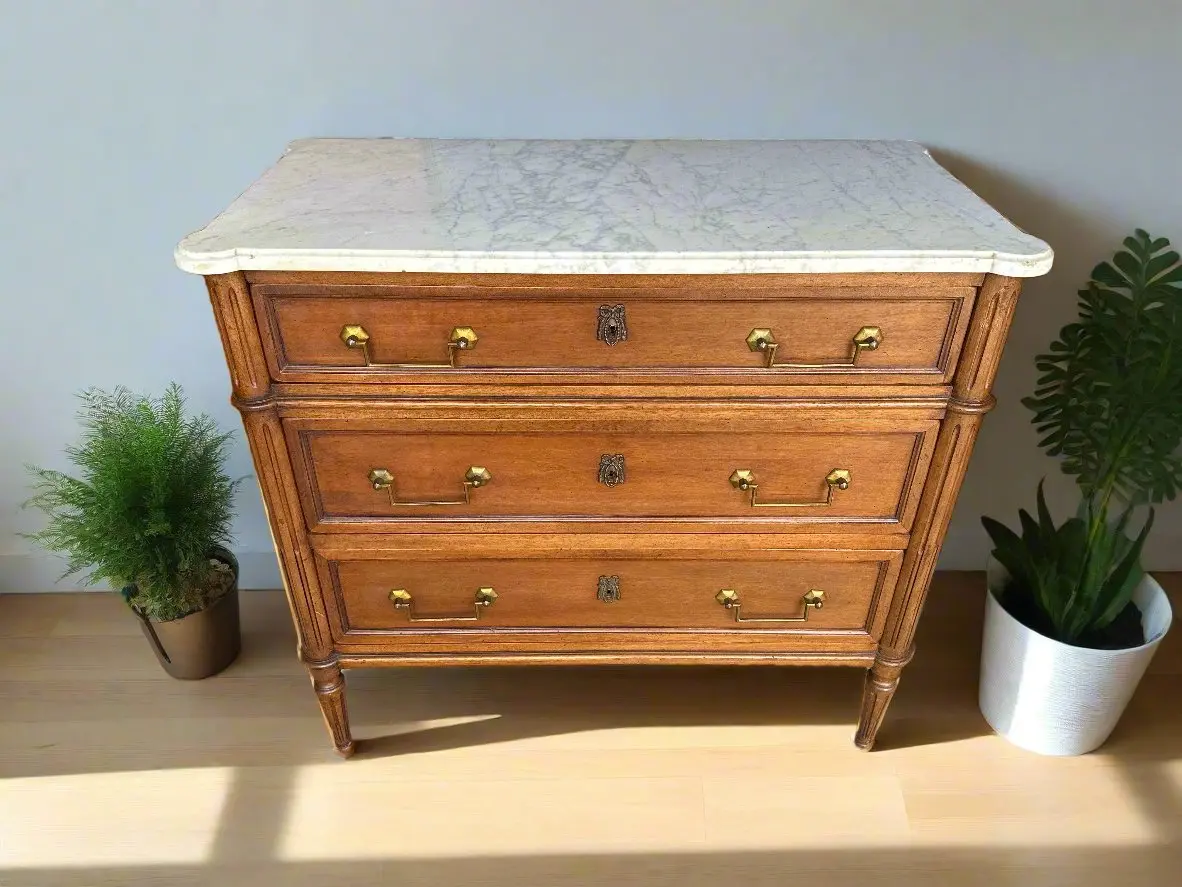 Small Louis Xvi Walnut White Marble Top Chest 1