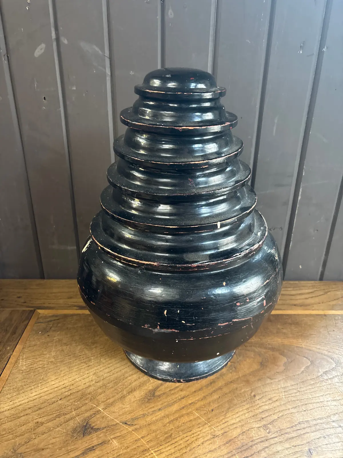 Large Round Black Asian Wood Box With Ridges 1