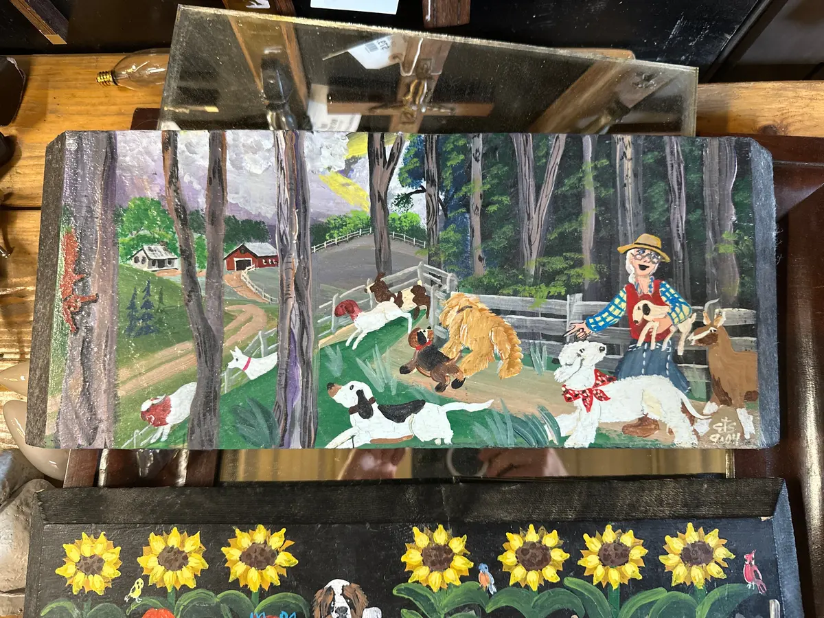 Painting On Board  Of Grandma With Dogs And Goats 1