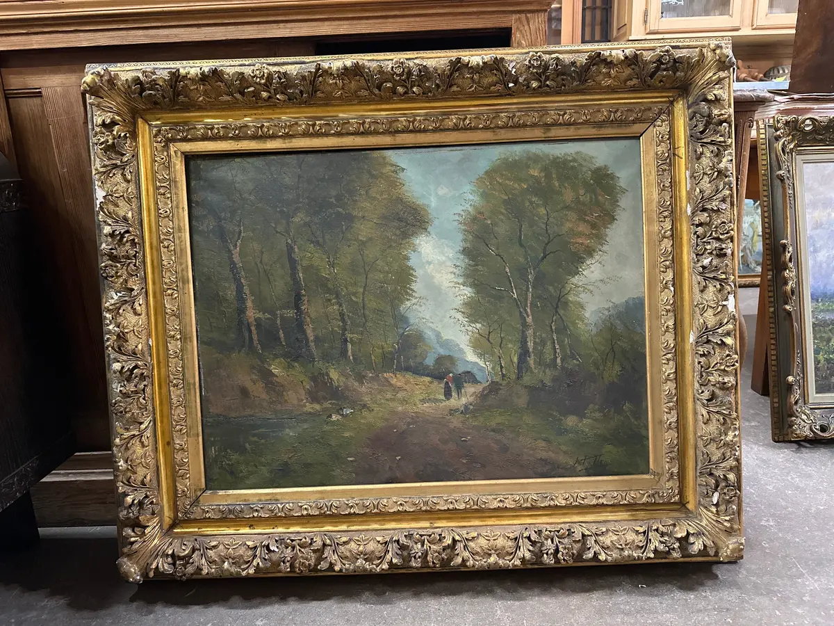 Ornately Framed Landscape Oil Painting With Couple On Path 1