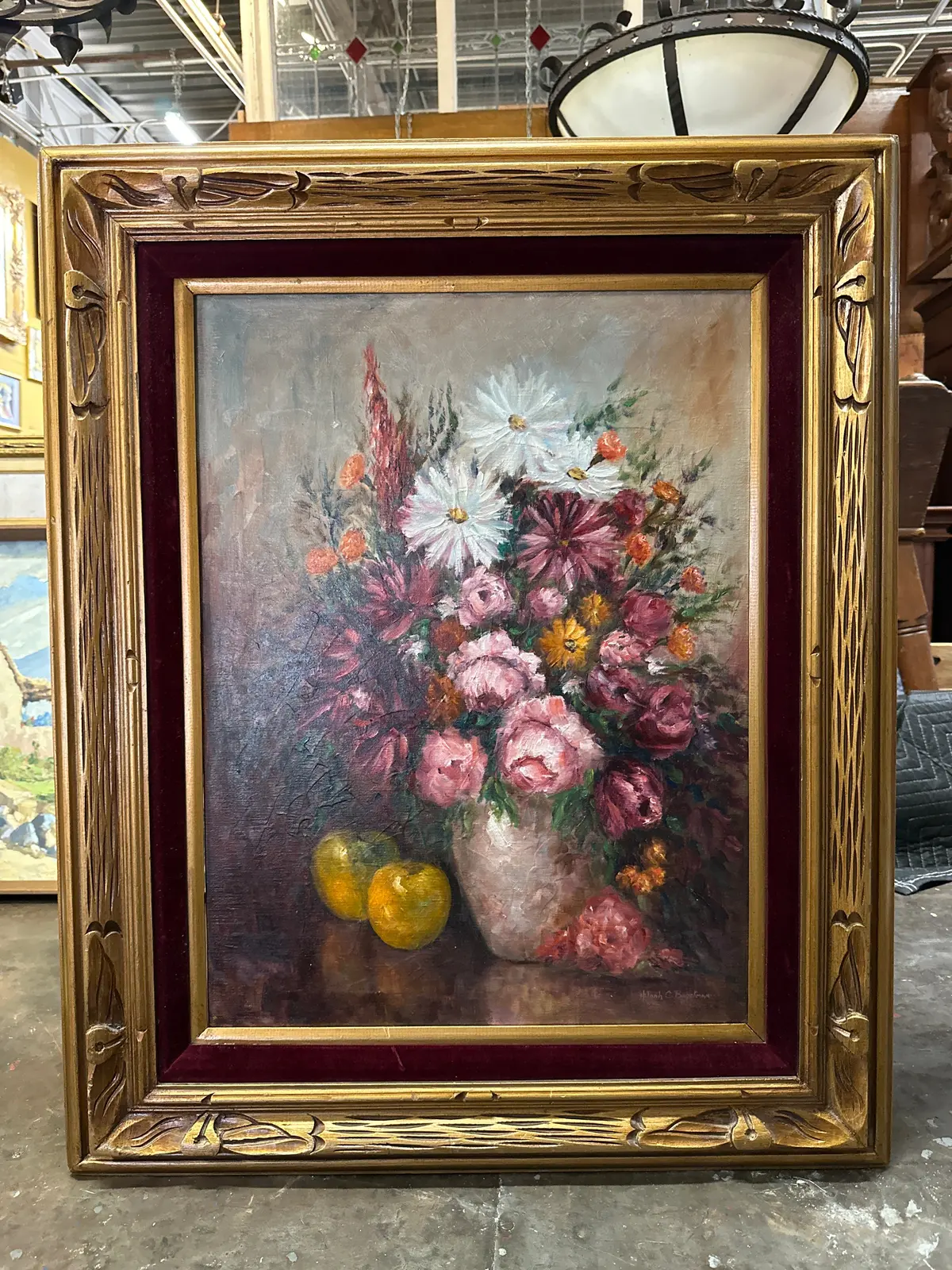 Purple And Pink Floral Still Life Oil Painting In Nice Frame With Linen Filet Signed H C Brockman 1
