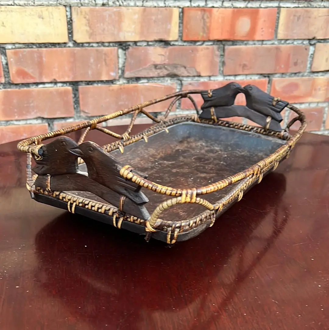 Wood Bottom Basket Tray With Carved Birds 1