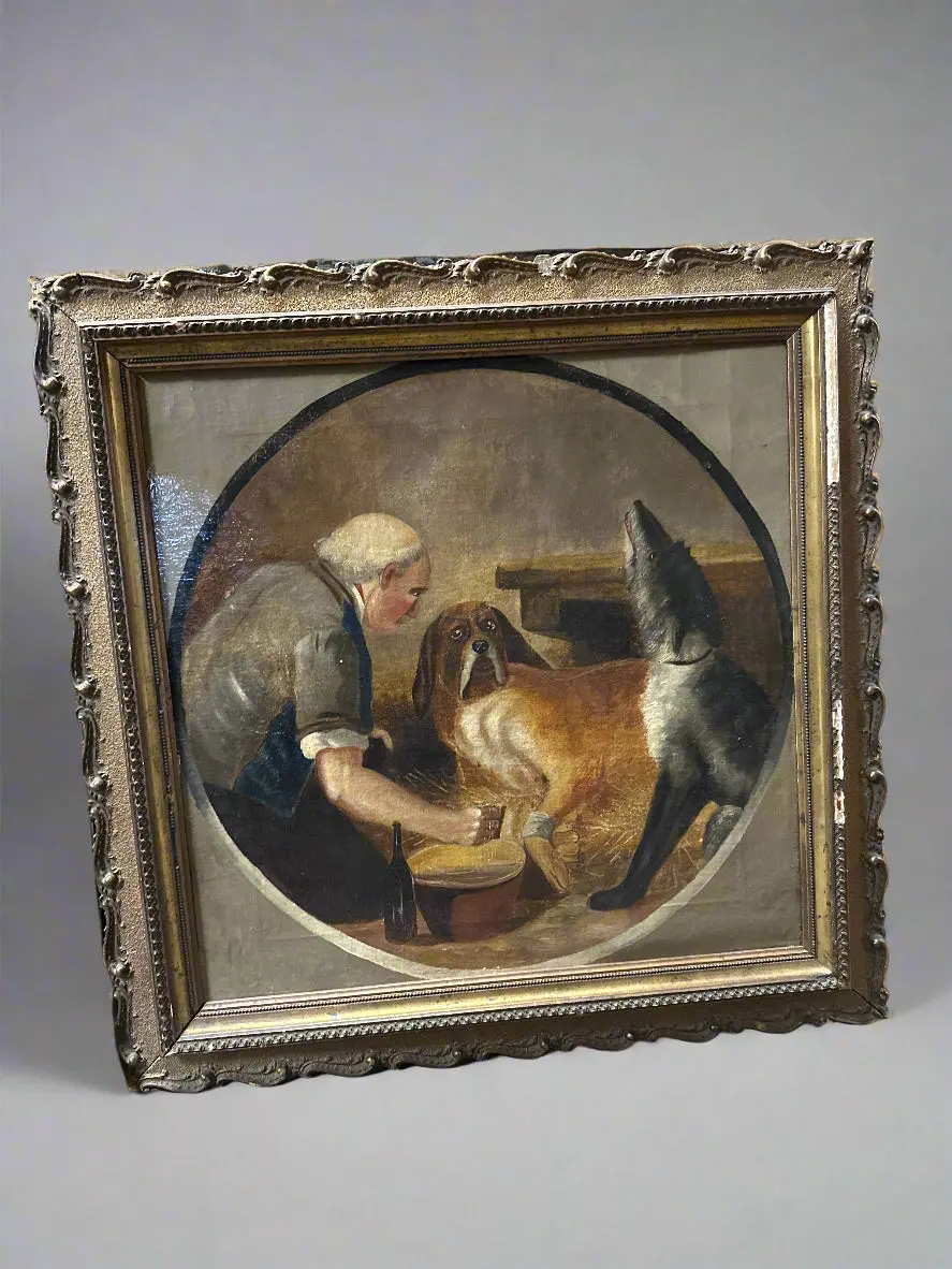 19Th Century Framed Square Oil Painting Of 2 Dogs And Caretaker 1