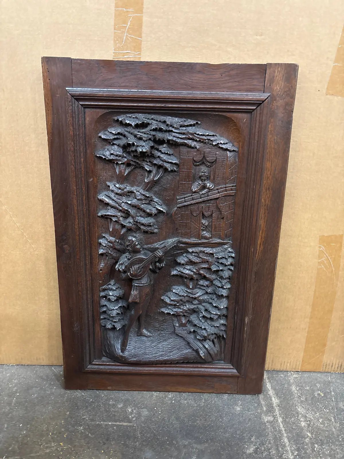 Wood Carved Scene Of Weoman Being Serenaded 1
