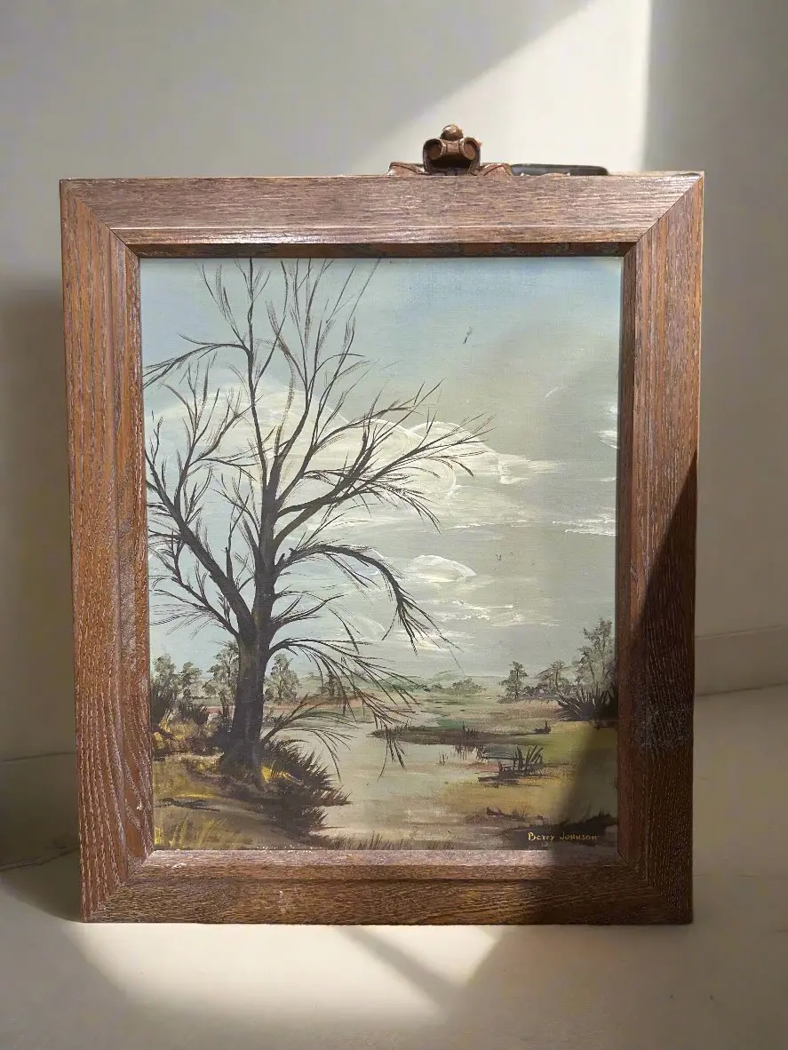 Oak Framed Primative Landscape Oil Painting With Terr And Pond-Signed Betty Johnson 1