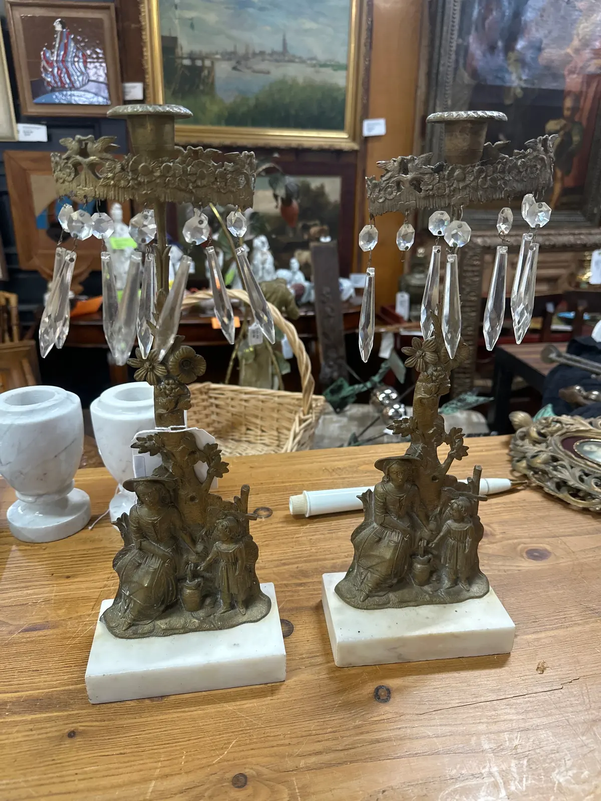 Pair Of Marble Brass And Prism Candelabras 1