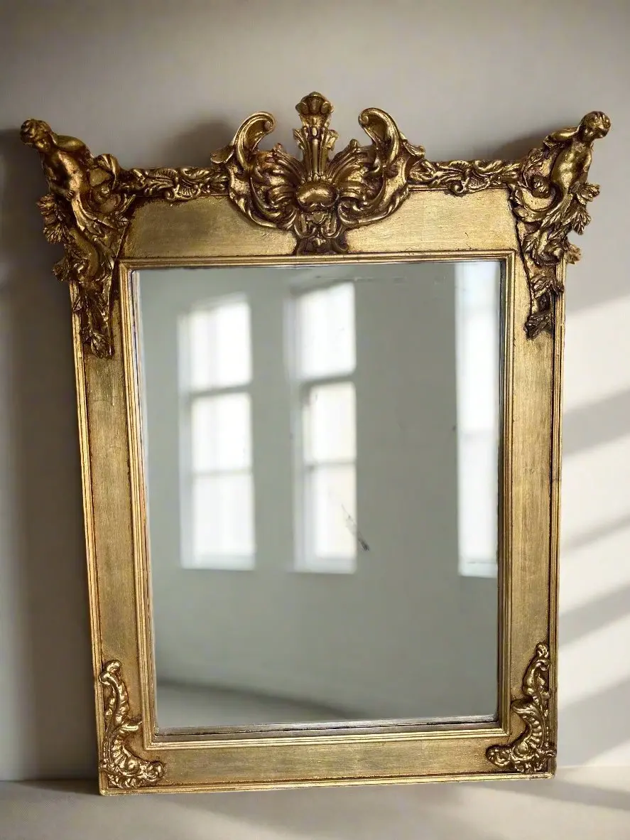 Putti Crowned Gilt Framed Beveled Glass Mirror 1