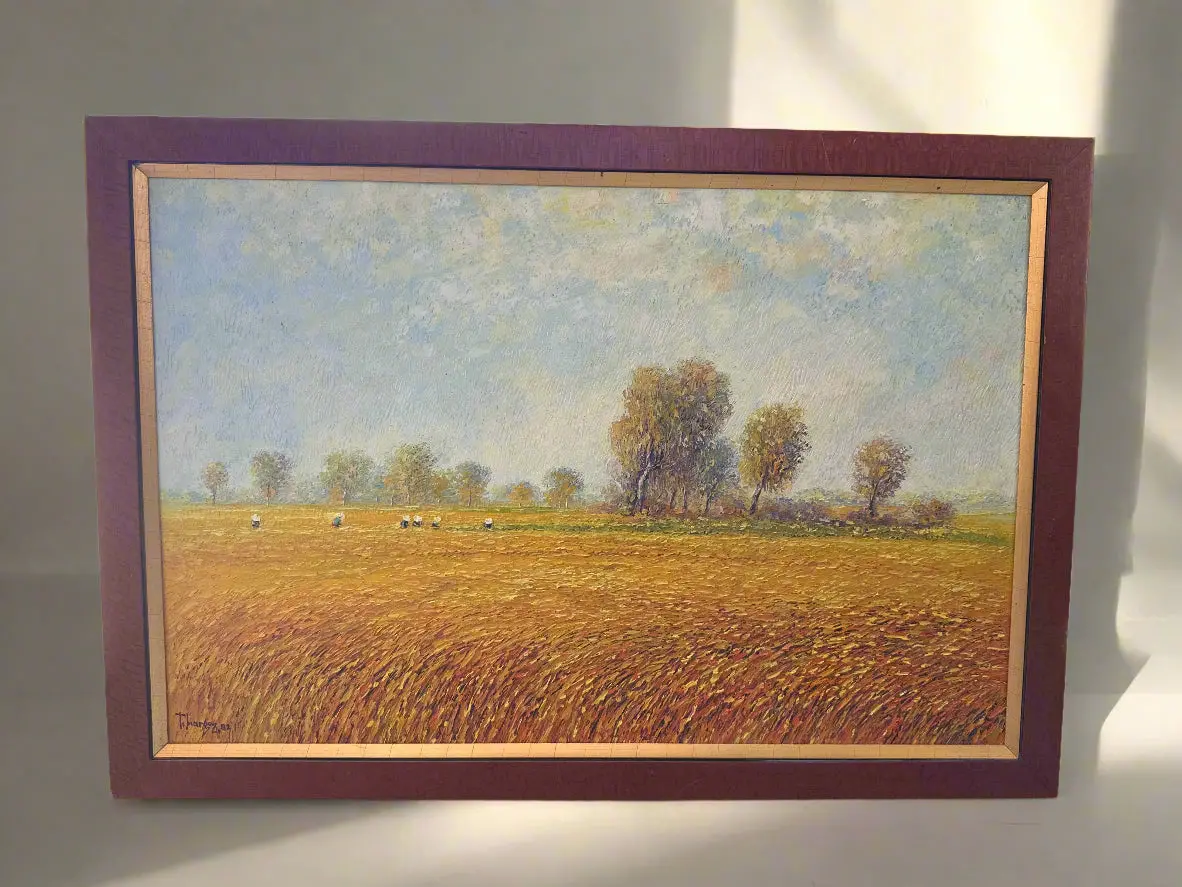Burled Framed Oil Painting Of Field Workers In The Sun Signed T Mardon 1