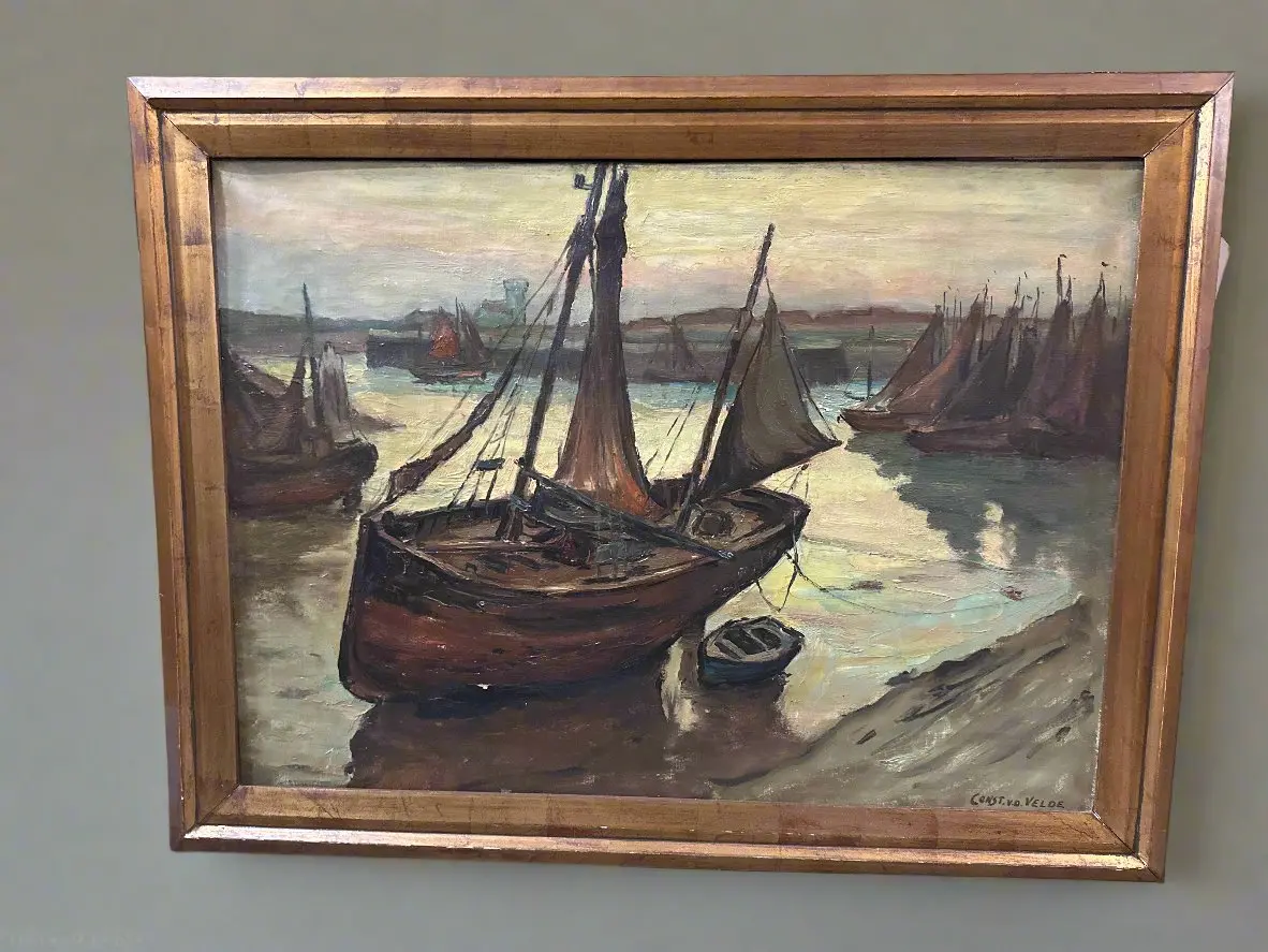 Framed Sailboat Oil Painting Signed V.D. Velde 1