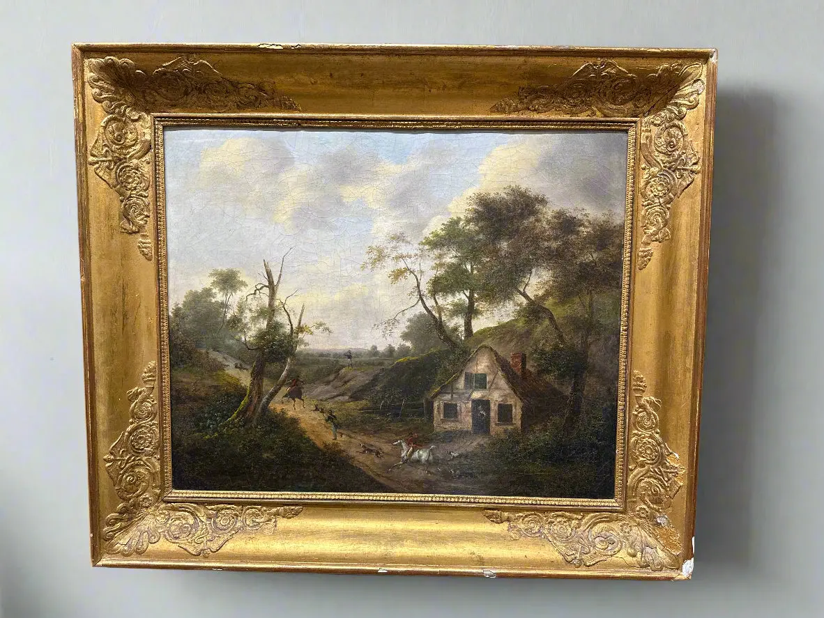 European Hunt Scene Oil On Canvas In Macintosh Frame Relined 1