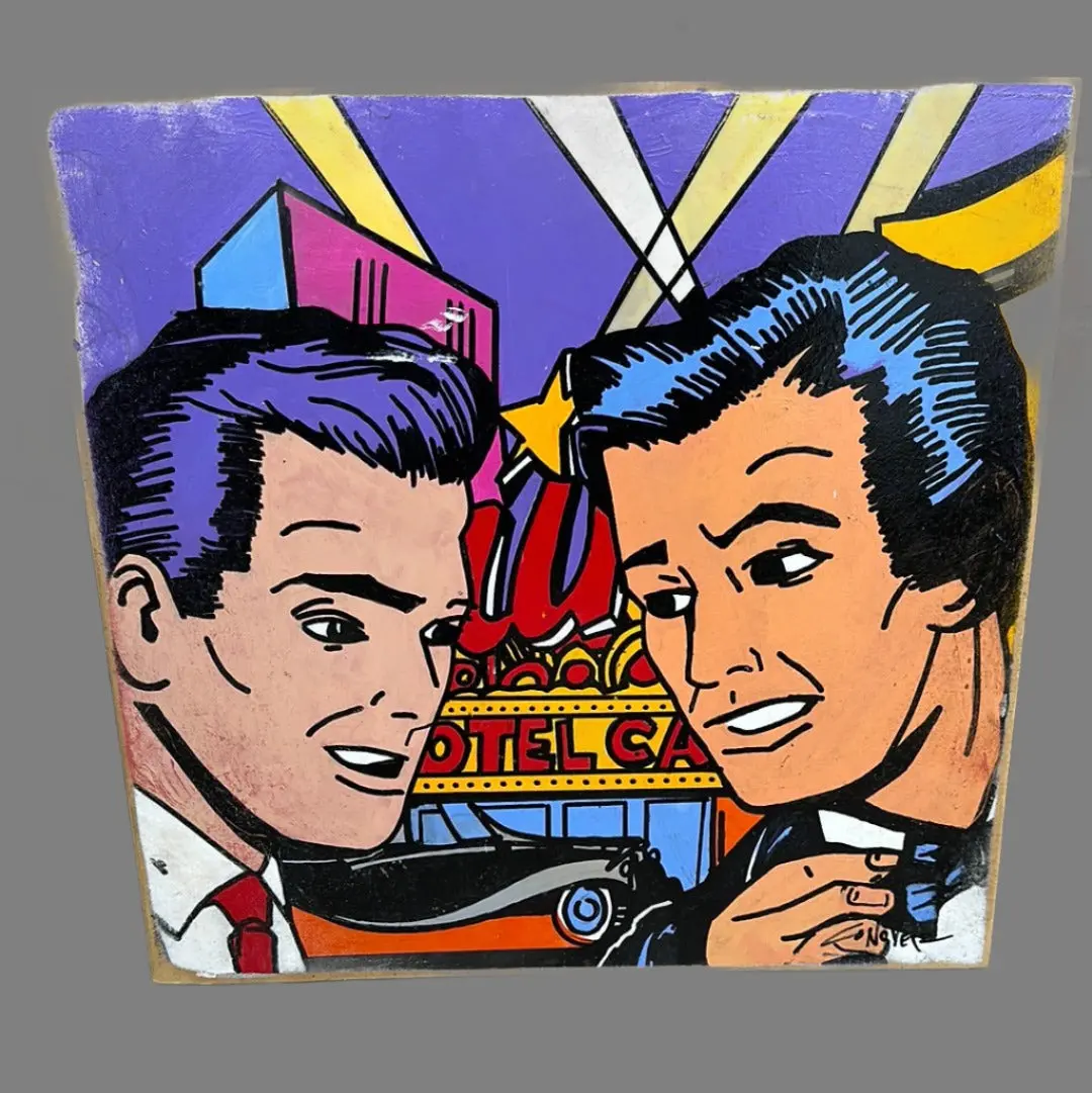 1960'S Cartoon Painting On Wood-2 Men By A Motel By Rob Conover 1