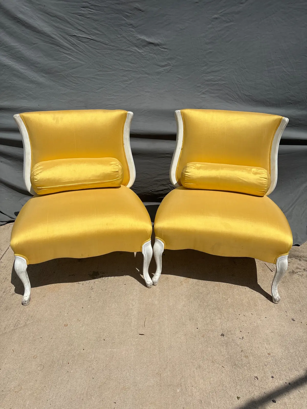 Pair Of Yellow Slipper Chair With Boulster Pillows 1