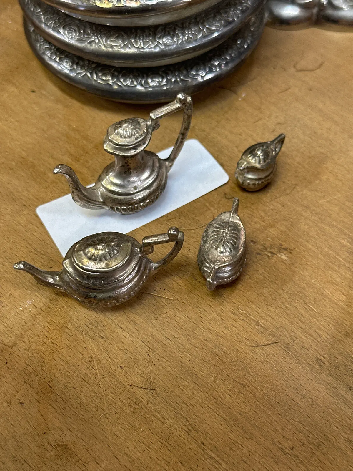 Set Of 4 Toy Silver Plate Tea Pots And Tray 1