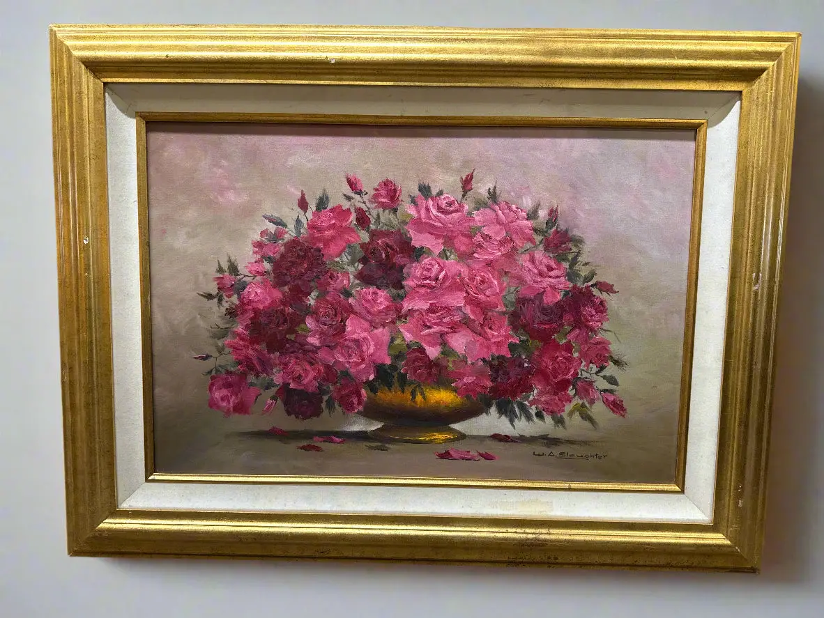 Gilt Framed Still Life Oil Painting Of Roses Signed Slaughter 1