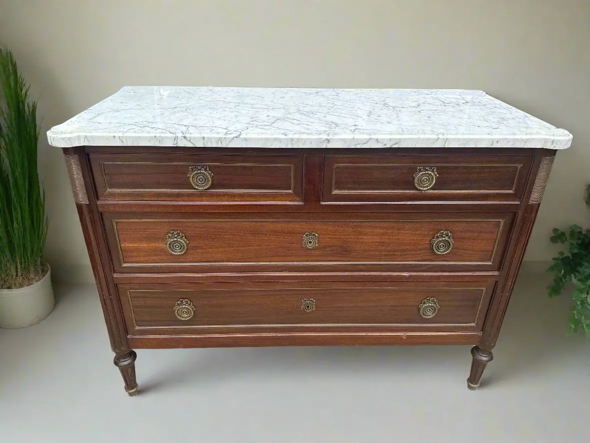 Mahogany 4 Drawer Louis Xvi White Marbe Top Chest 1