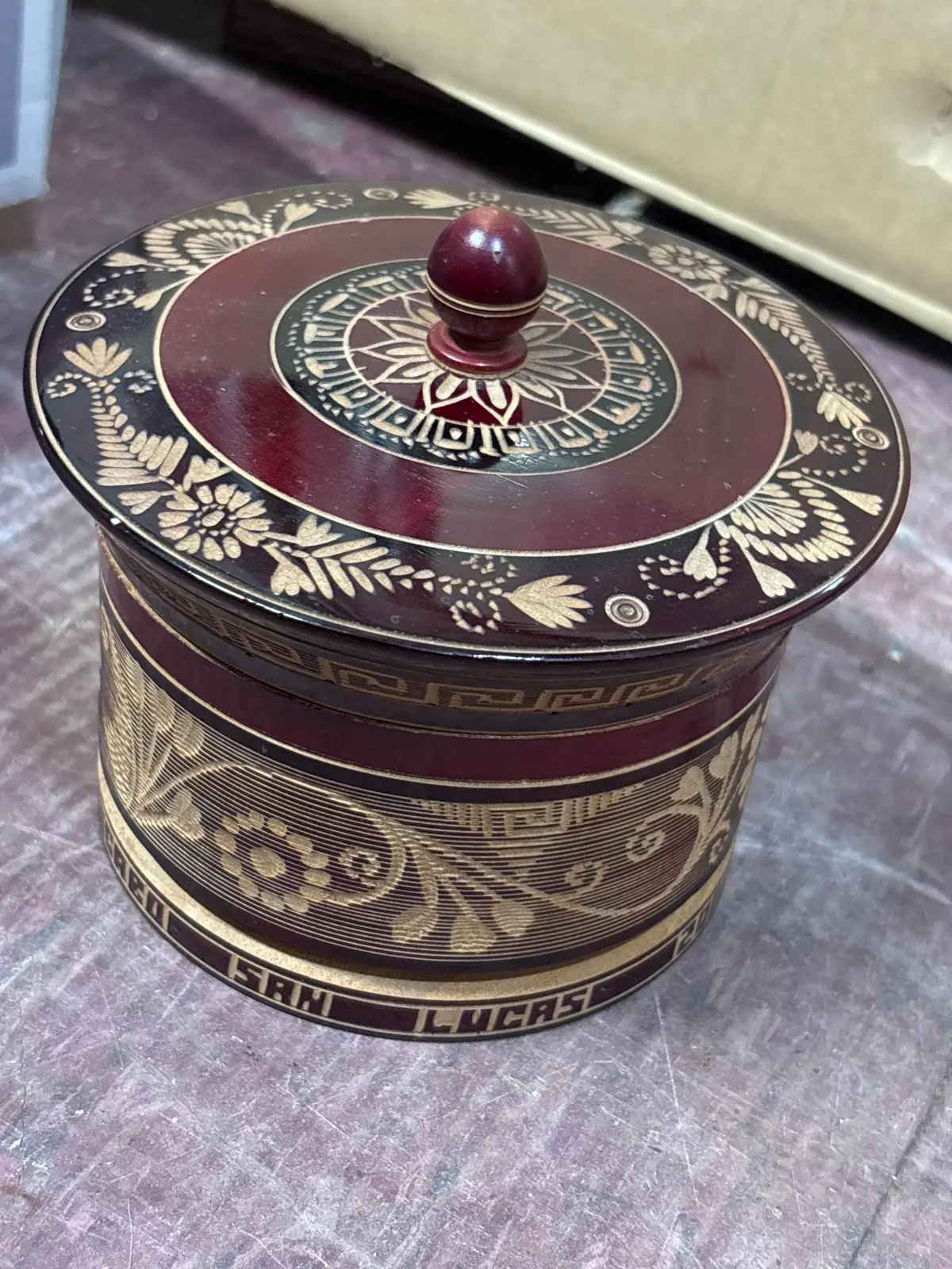 Wine Red Mexican Carved And Laquered Cylindrical Box 1