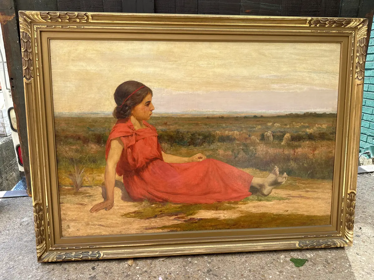 Large Gilt Framed Oil Painting Of A Sheppardess, Reclining On The Ground- Signed Shonborn 1