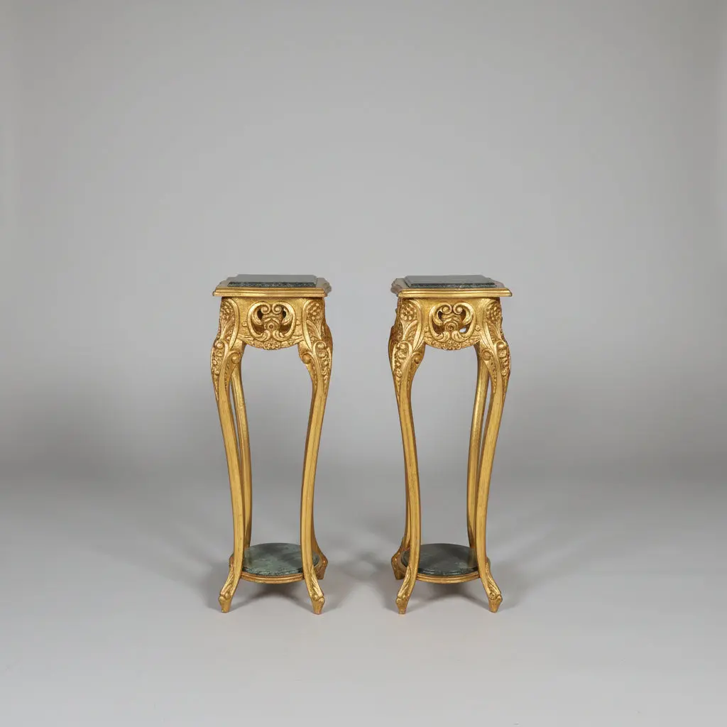Pair Of Gilt Distressed Green Marble Pedestals 1