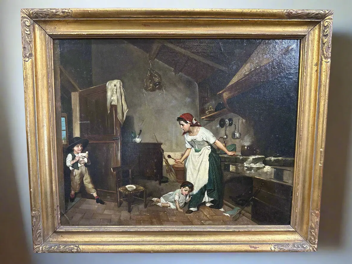 Small Framed Italian Oil Painting Of An Interior Scene With Children 1