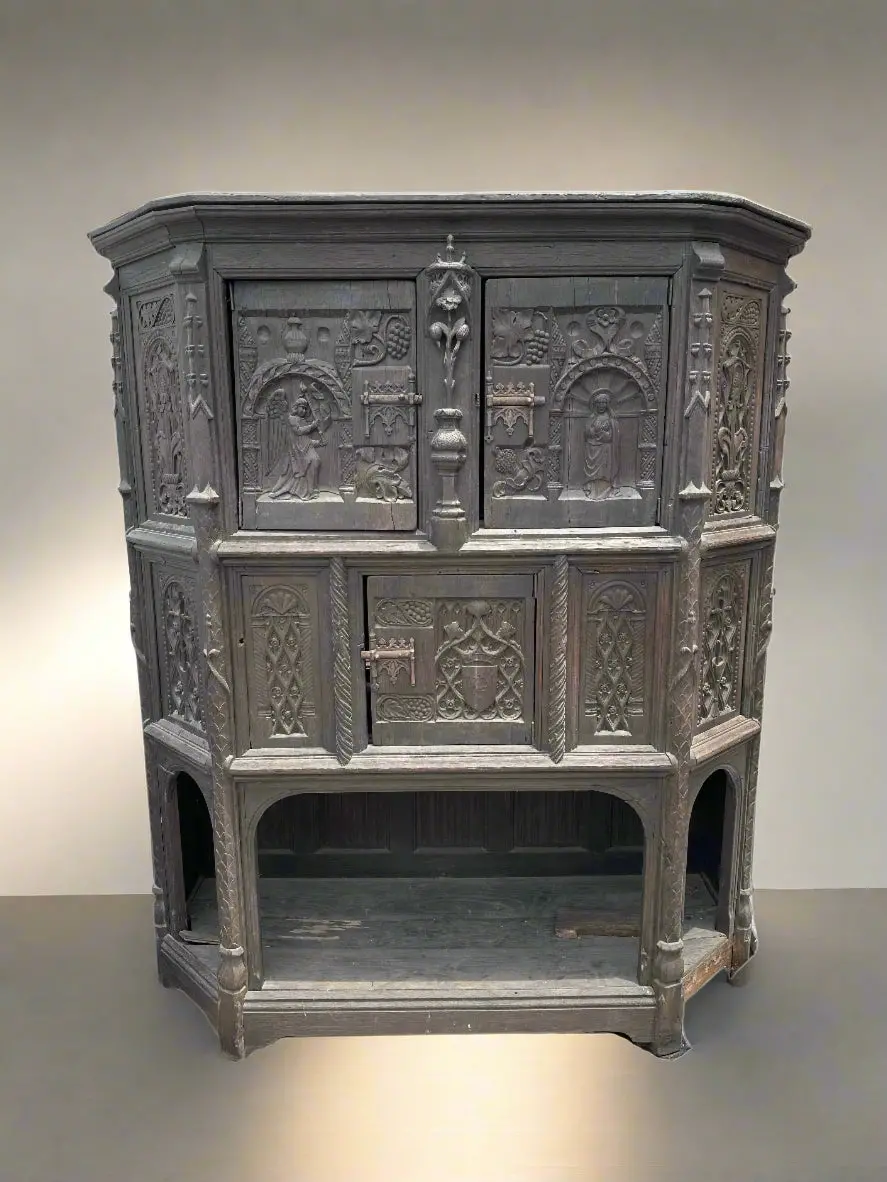 Early Large Credence Oak Gothic 19Th Century Cabinet 1
