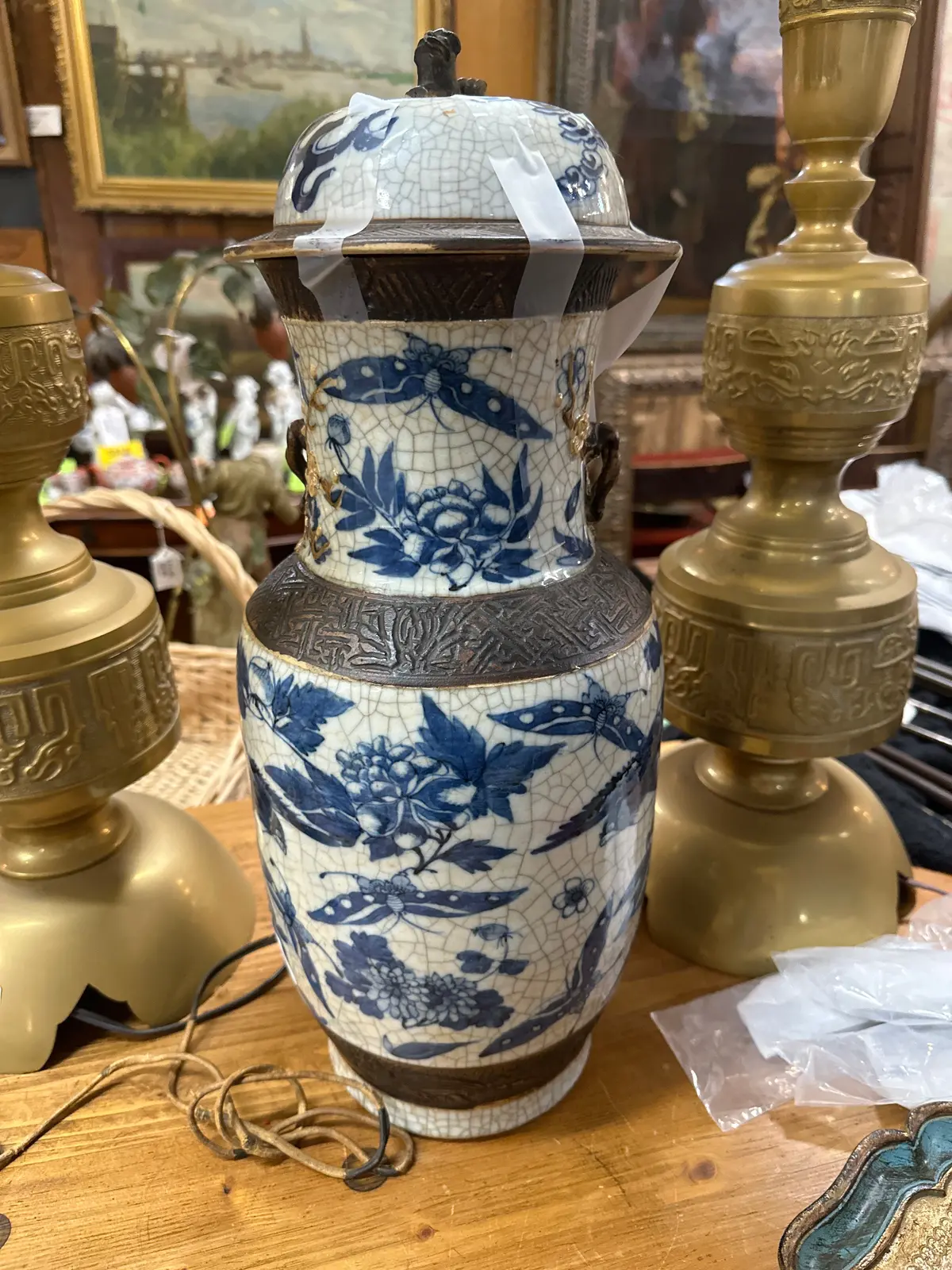 Beautiful Asian Blue Lidded Urn With Small Repair 1