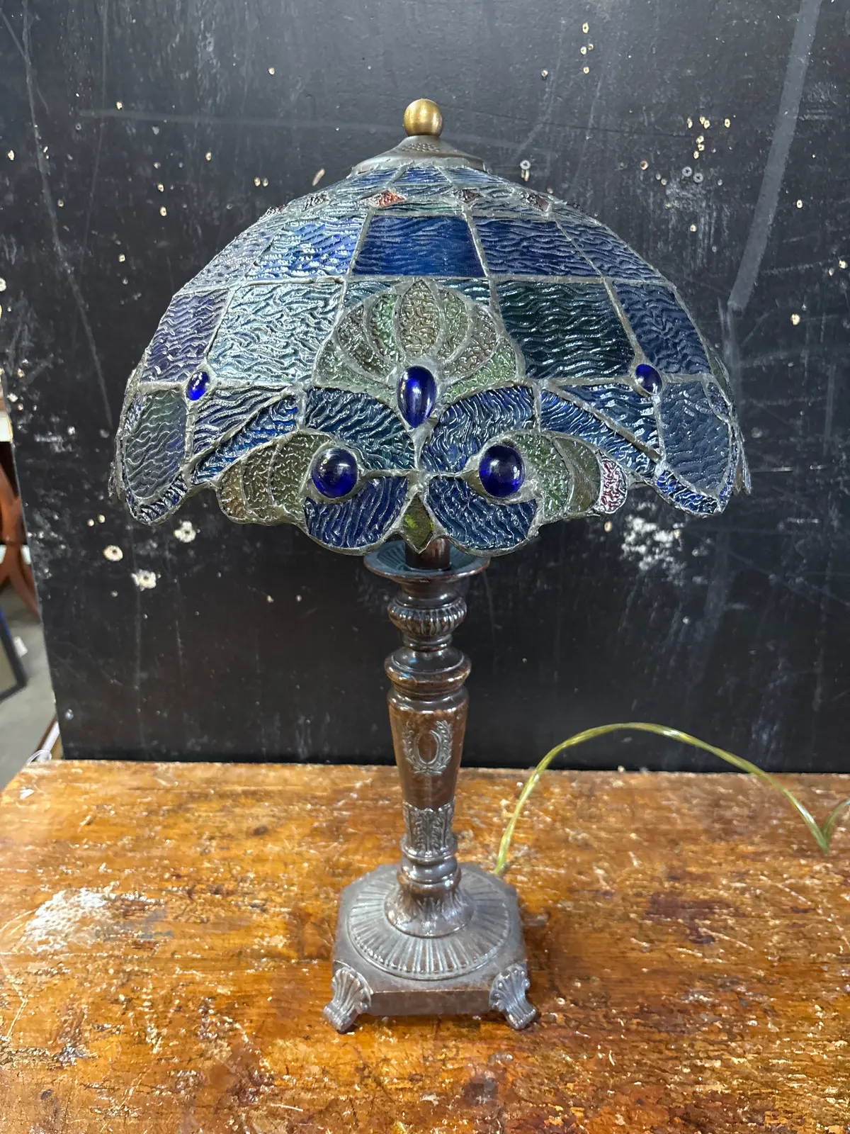 Metal Table Lamp With Blue Tiffany Style Stained Glass 1