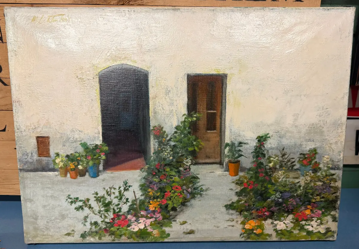 Lof Inventory Oil Painting Of Patio Garden Signed 1