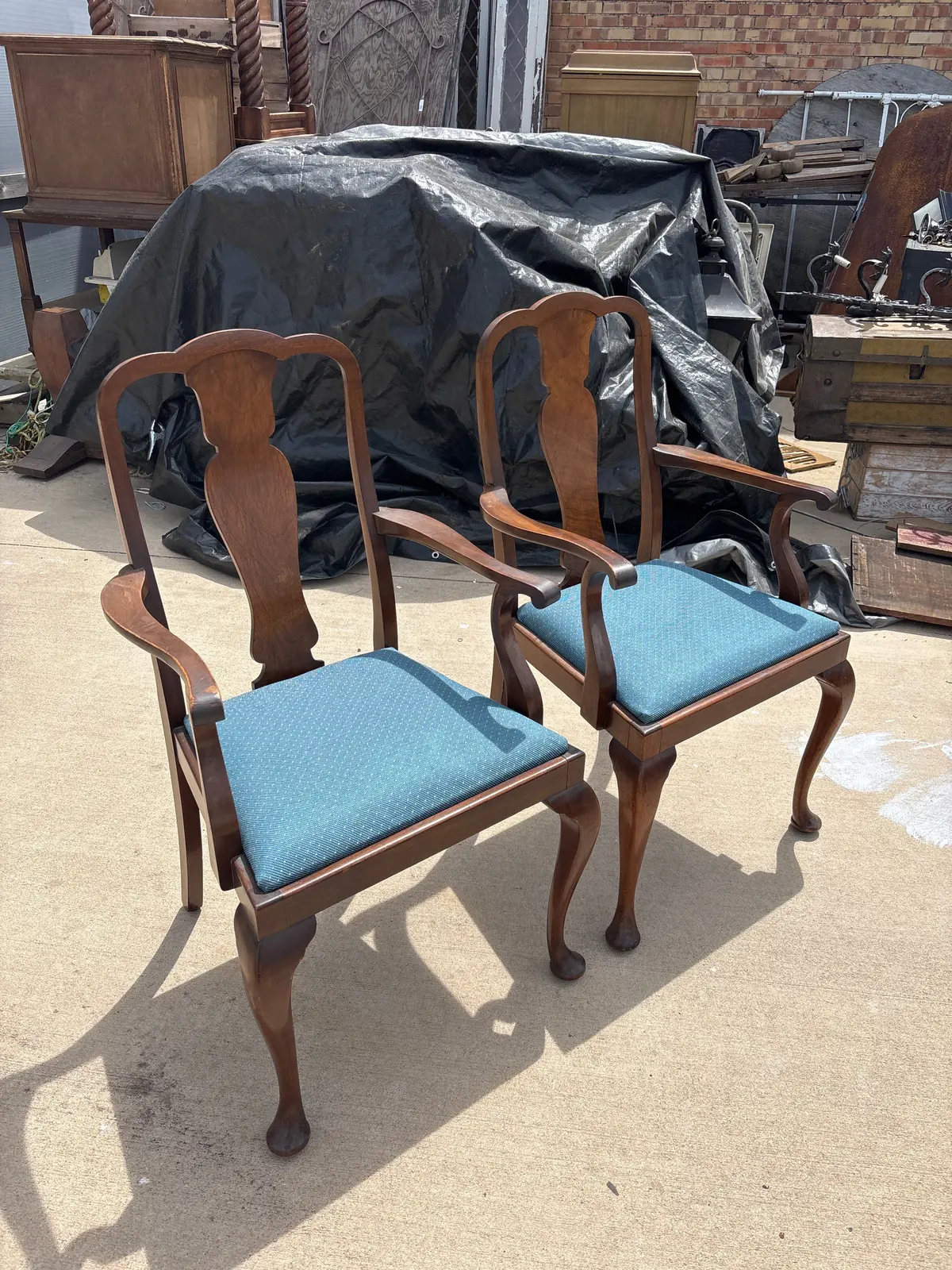 Pair Of Blue Upholstered Queen Anne Walnut Arm Chairs 1