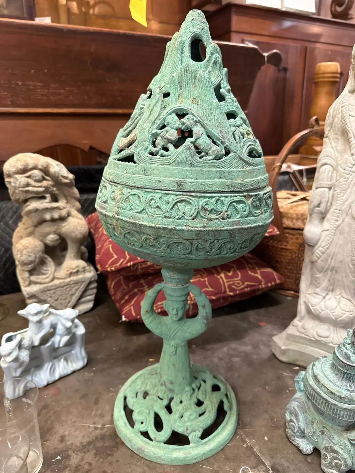 Tall Figural Chinese Censor With Green Patina 1