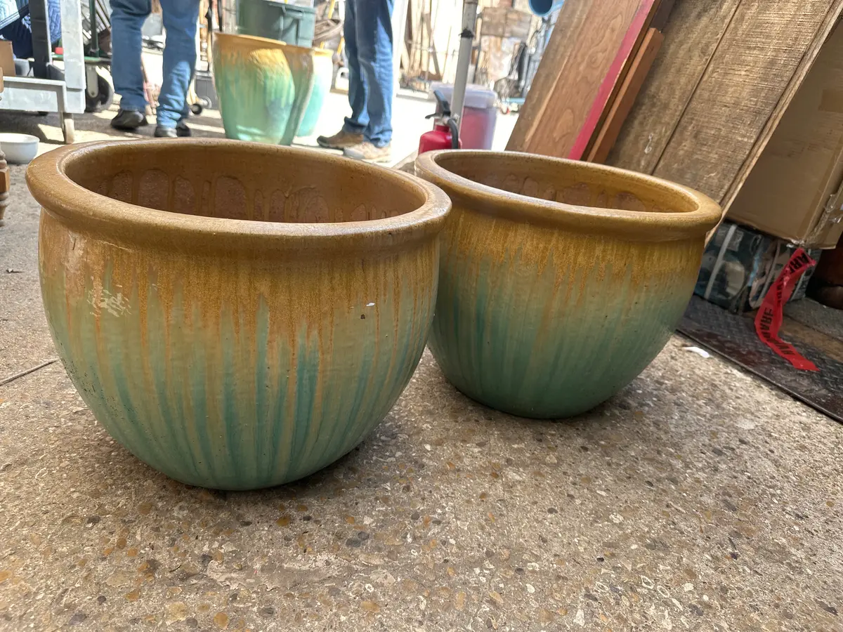 Pair Of Low Glazed Terra Cotta Planters 1