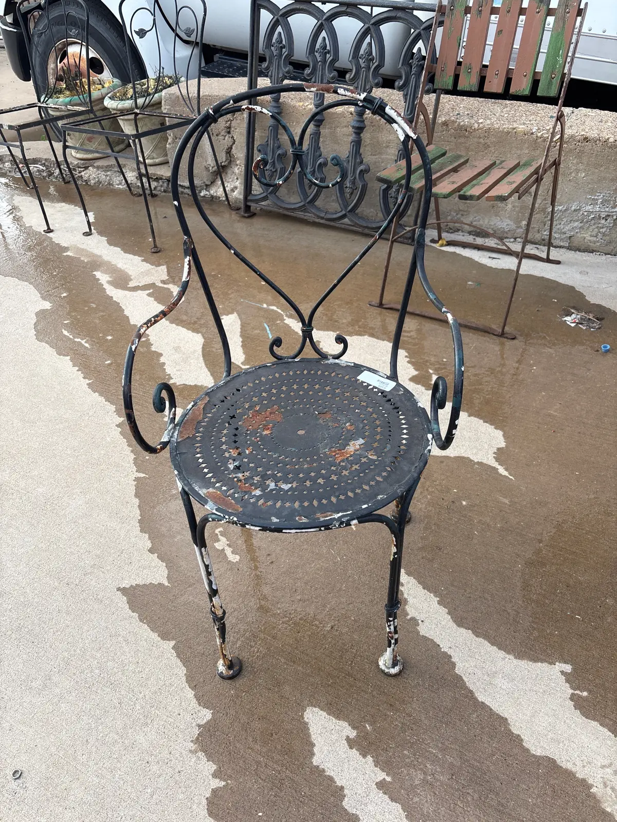 Pair Of Vintage  Pierced Metal Bistro Arm Chairs 1