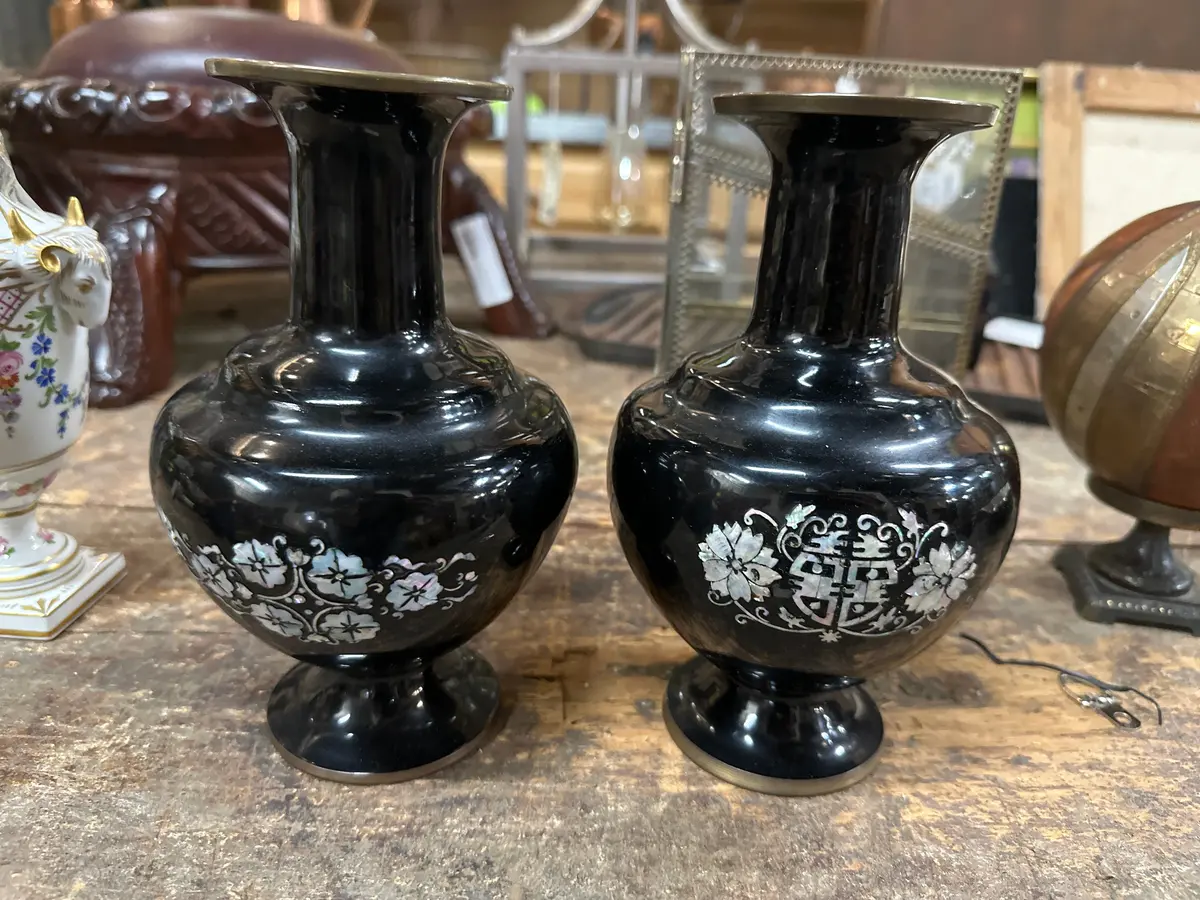 Pair Of Brass And Mother Of Pearl Asian Vases 1