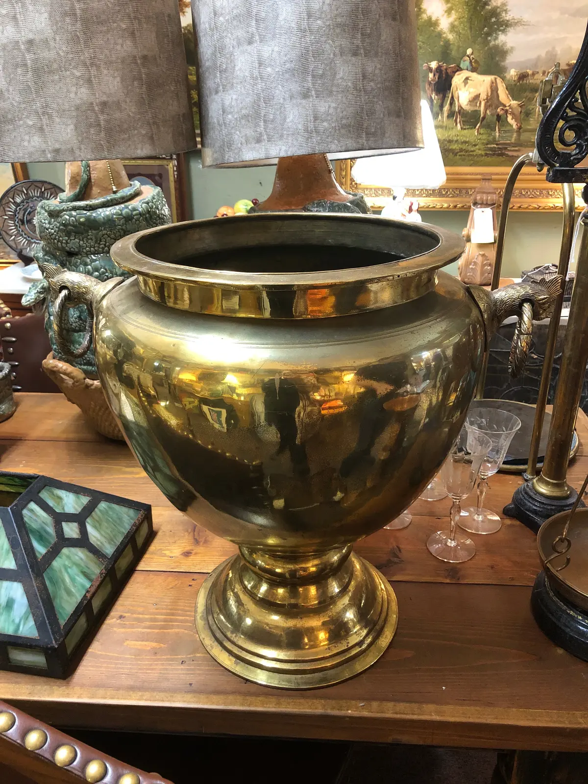 Large Footed Brass Urn With Bird Handles 1