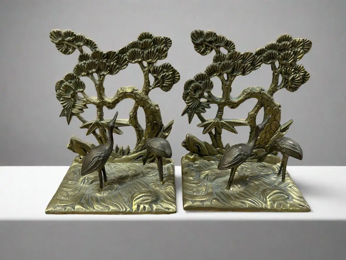 Pair Of Brass Asian Crane Bookends 1
