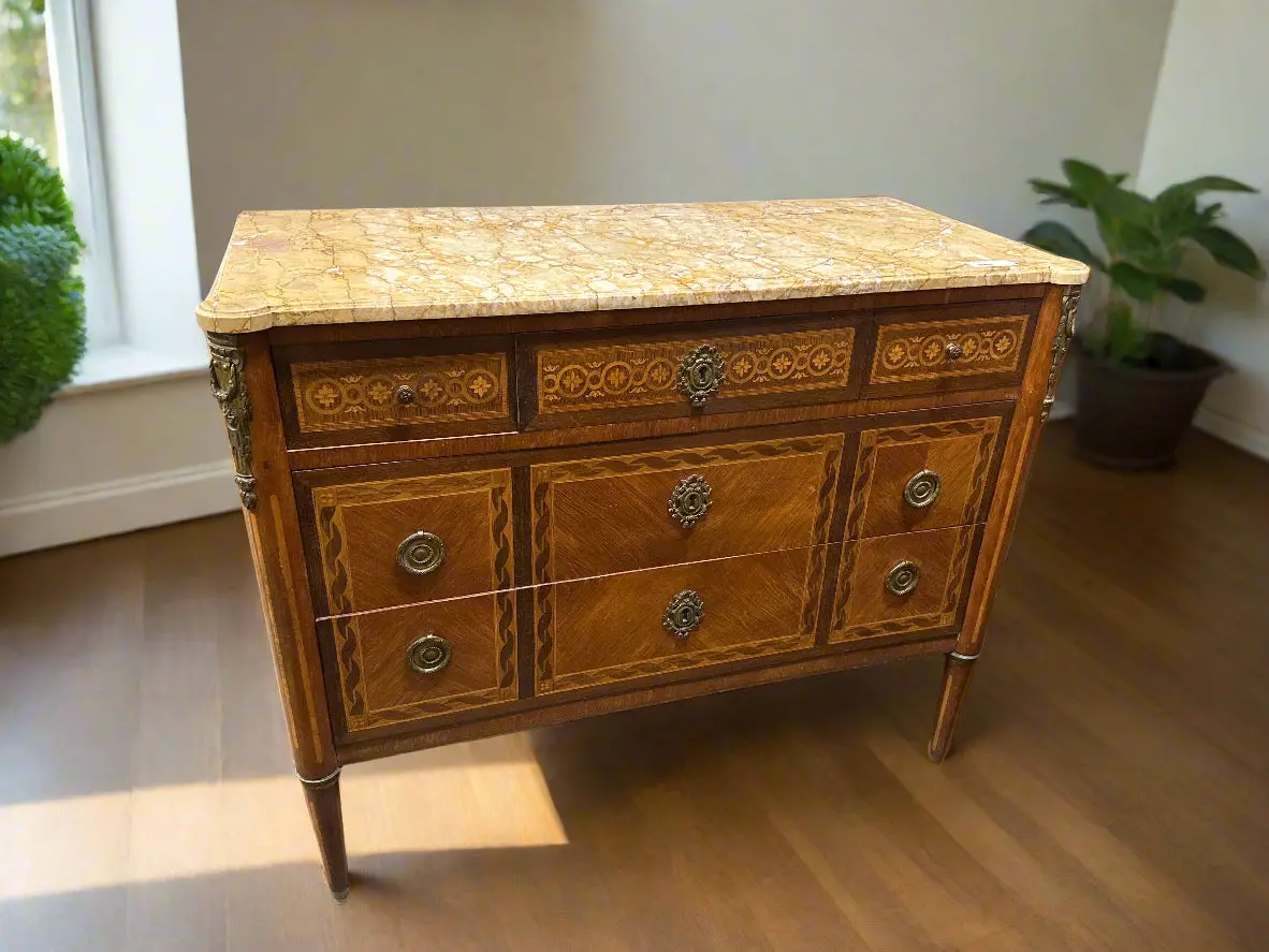 Louis Xvi  Inlaid Yellow Marble Top Chest 1