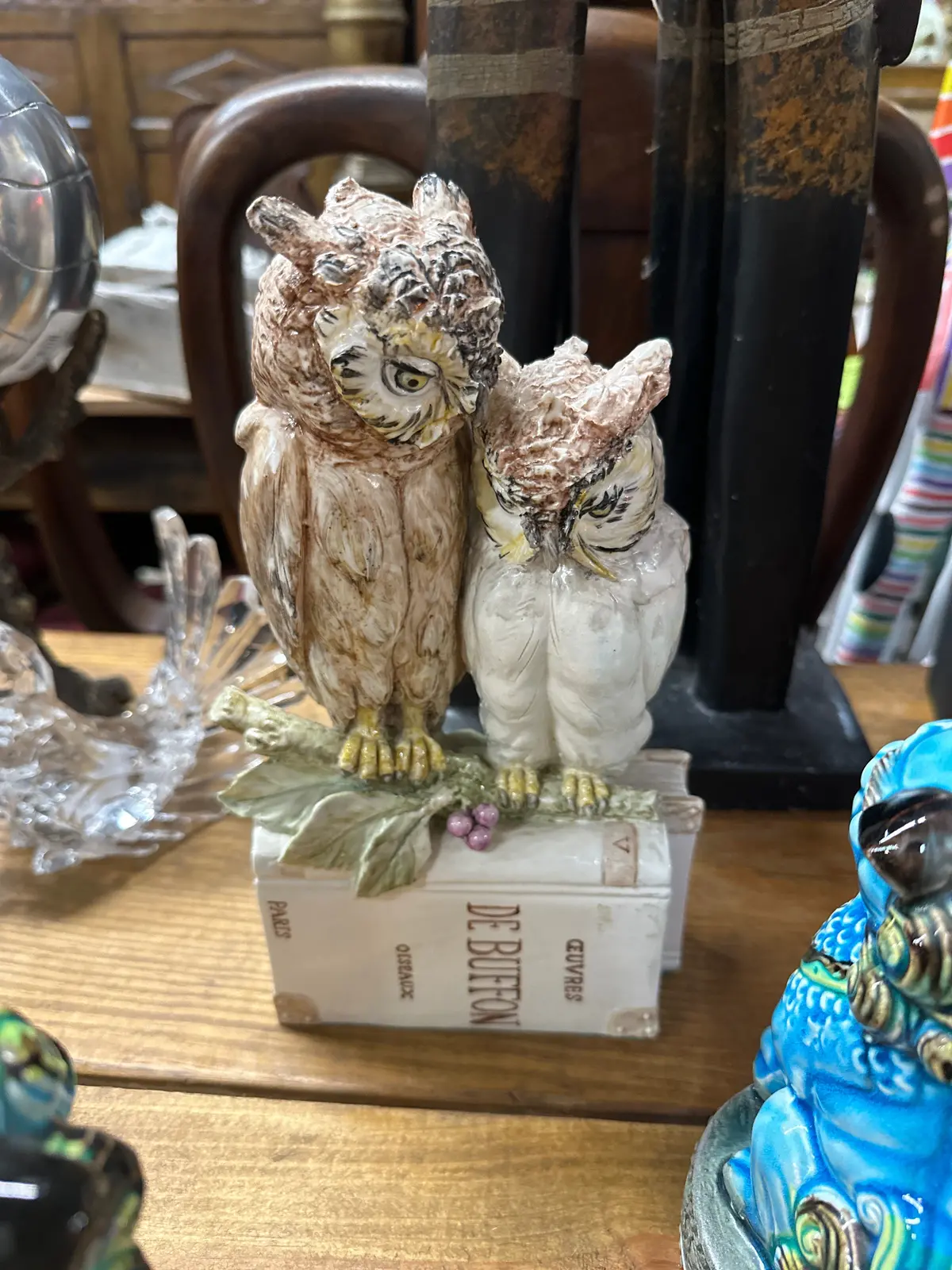 As Found Owl On Bookcase Ceramic Statue Signed 1