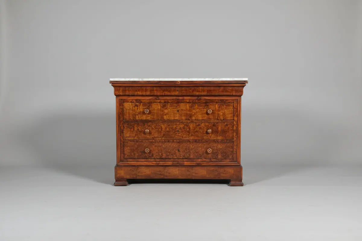 Marble Top Louis Phillipe Burled Walnut 4 Drawer Chest 1