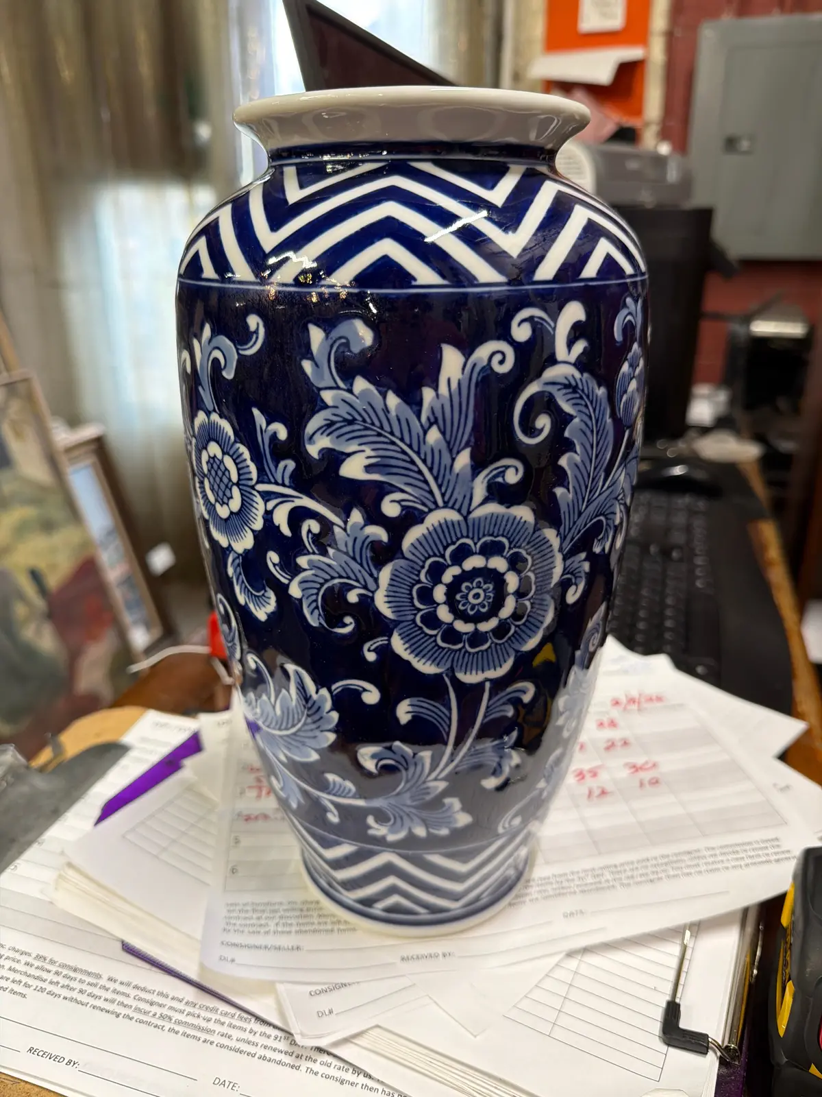 Tall Dark Blue And White Vase 1