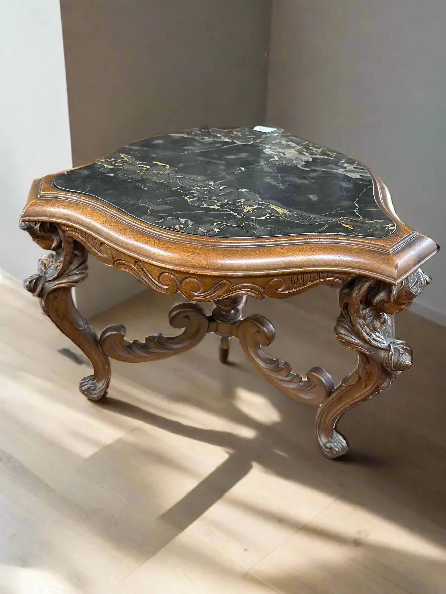 Hand Carved Early 1900S Triangular  Marble Top End Table 1