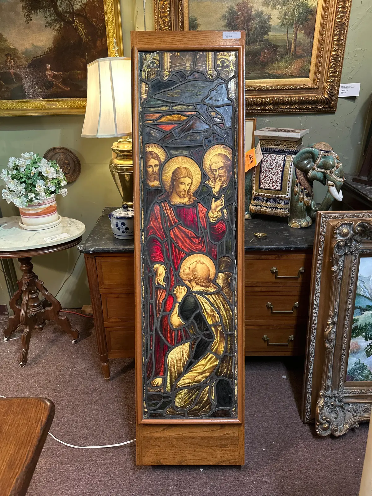 Staned Glass Window In Lighted Wood Frame Box 1