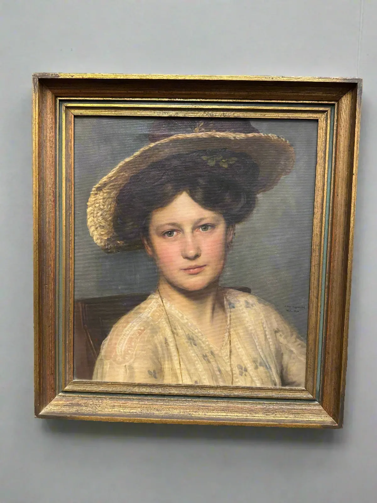 Framed  Portrait Oil Painting Of Young Woman In Hat By  Alfred Schwartzschield 1