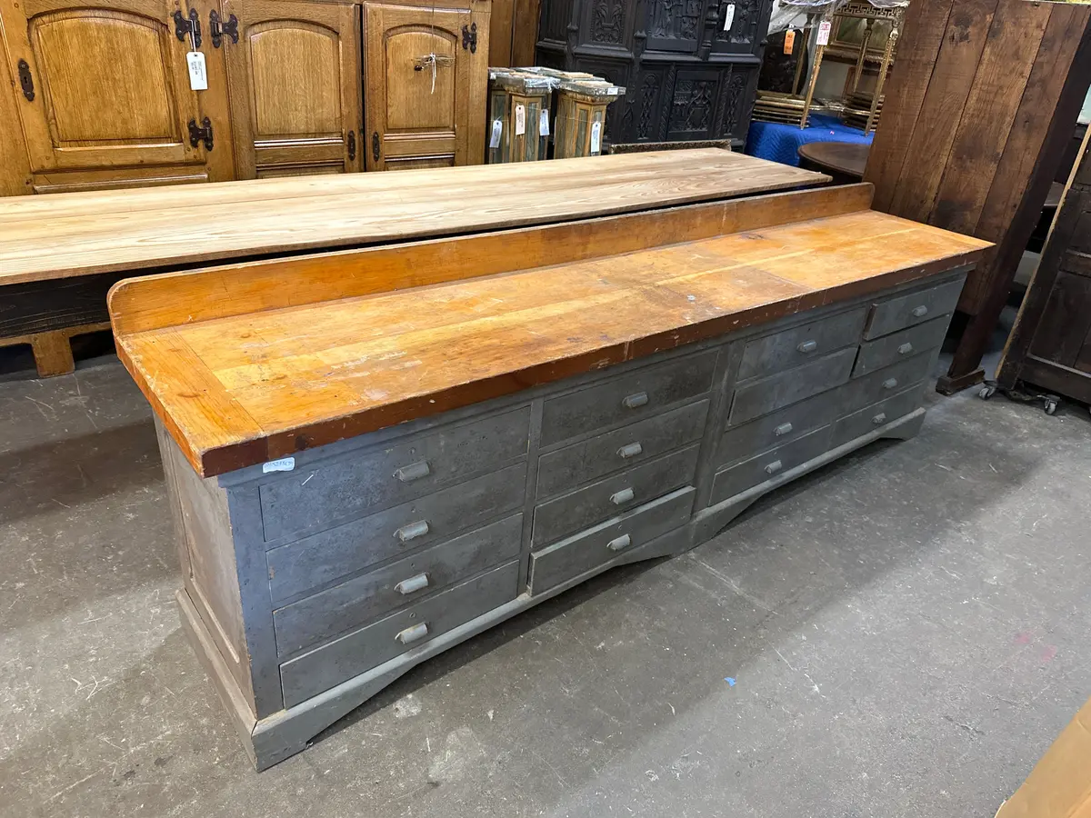 Huge Industrial Gray Painted Work Counter With Large Drawer 1