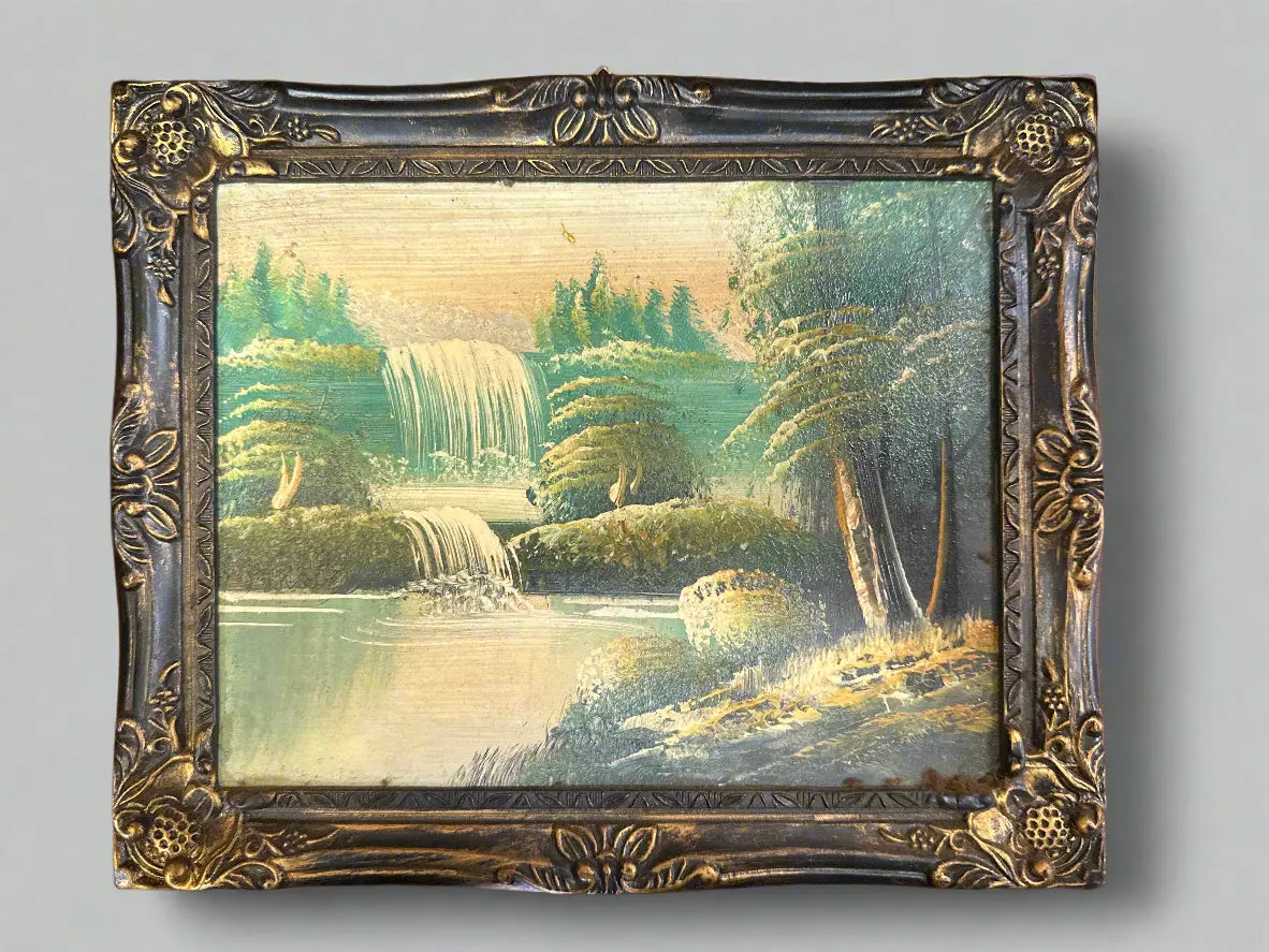 Small Green And Yellow Impressionist Painitng With Waterfalls 1