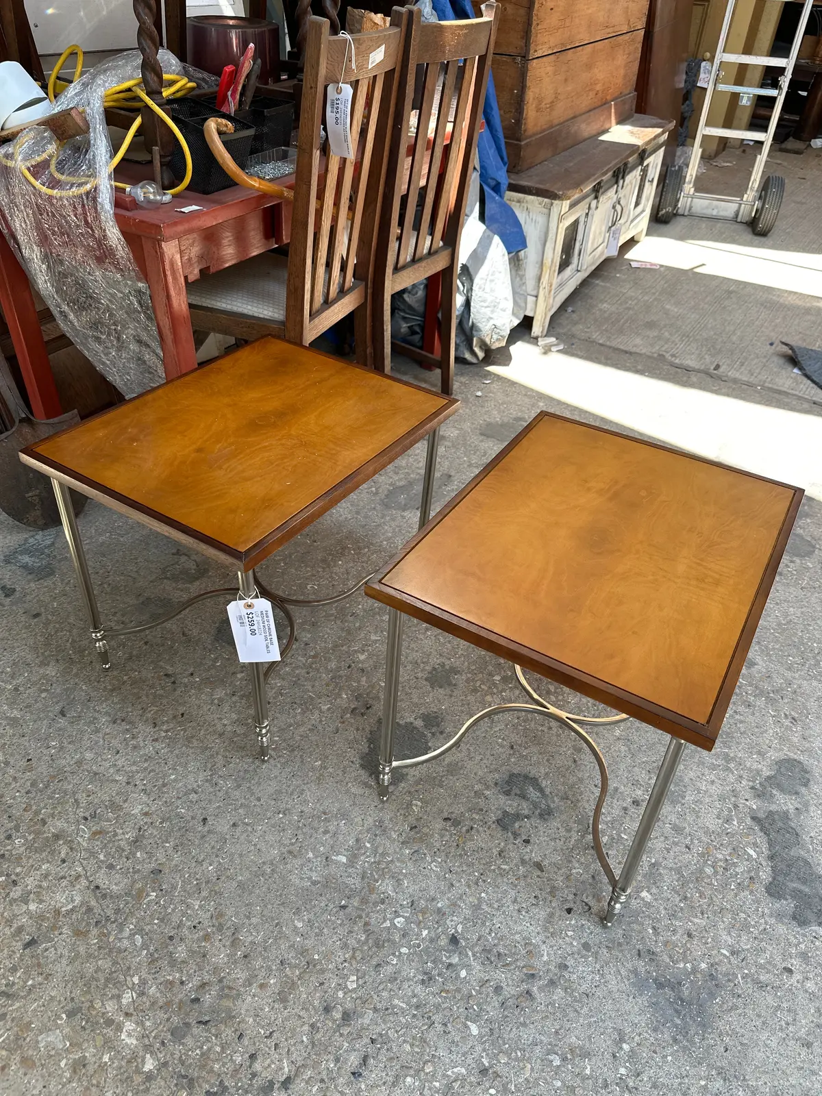 Pair Of Chrome Base Medium Wood Side Tables 1