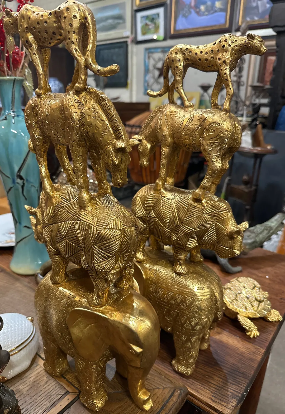 Pair Of Tall Gold Stacked African Animals 1